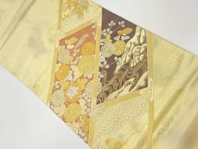 秋草に荒波・古典柄模様織出し袋帯